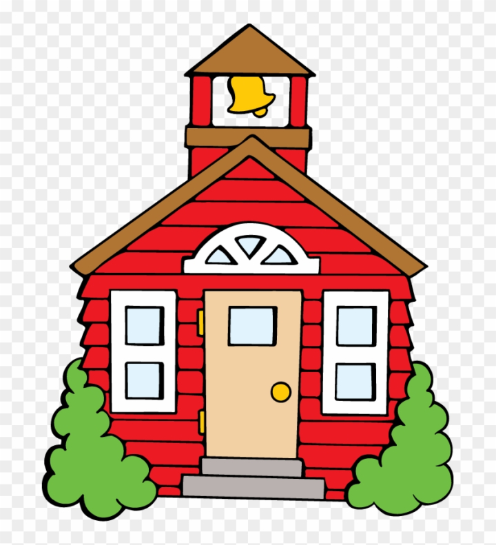 Red cartoon schoolhouse with bell tower, green bushes, and arched window above door.