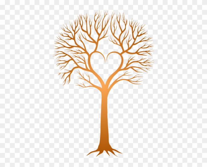 Bare orange tree with branches forming a heart shape at the crown, symbolic of love and nature.