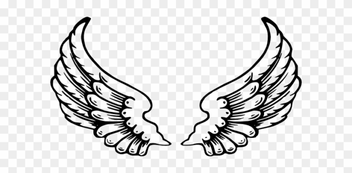 Black-and-white line drawing of symmetrical angel wings with detailed feather layers on transparent background.