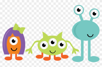 Three colorful cartoon monsters with big eyes and friendly smiles-purple, green, and teal-standing side by side on transparent background.