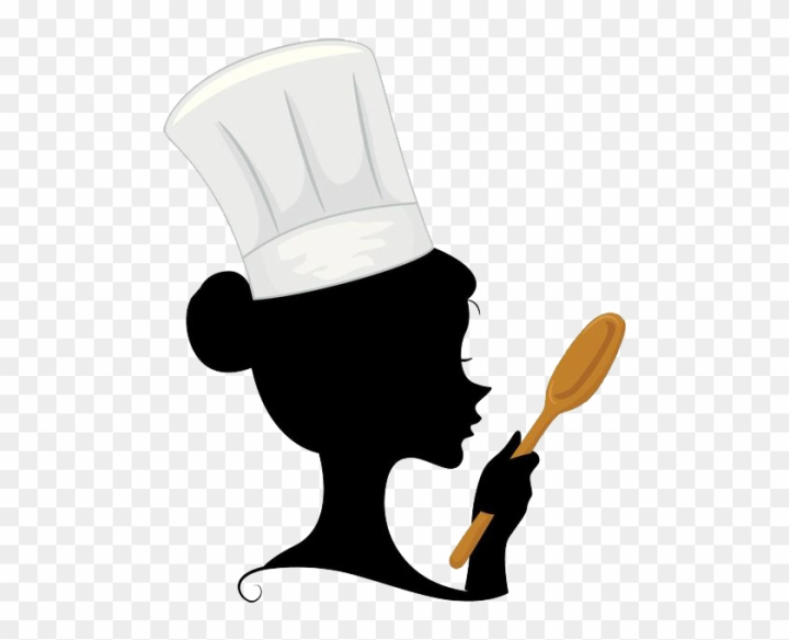 Silhouette of a female chef in profile wearing a toque, holding a wooden spoon, against transparent background.