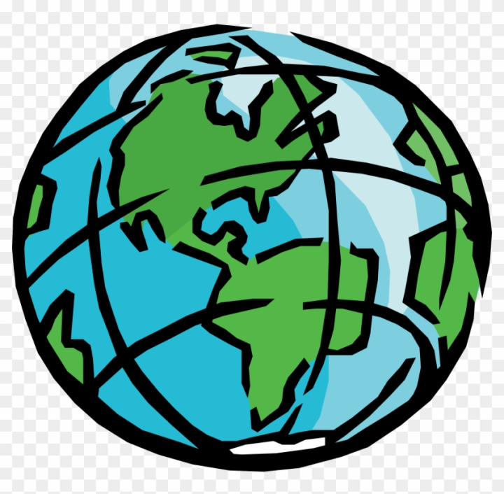 Stylized cartoon globe showing green continents and blue oceans with black grid lines.