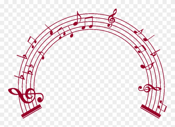 Red musical staff arch with notes and clefs on transparent background
