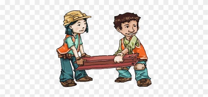 Two children in construction gear cooperatively carrying a wooden beam.
