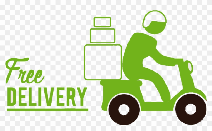 Green delivery rider on scooter with stacked boxes and "Free Delivery" text.