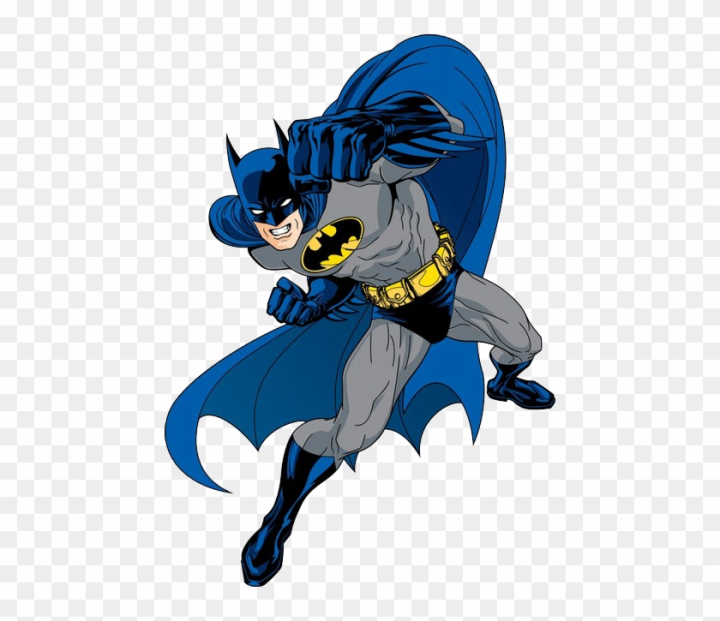 Batman in classic blue and gray costume, leaping forward with cape flowing and fist raised.