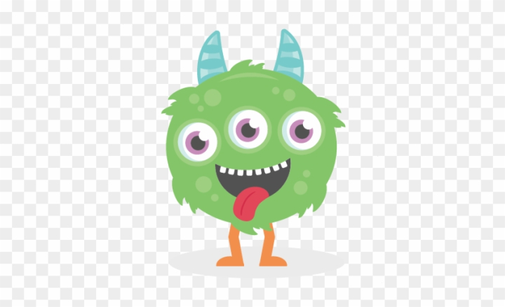 Green three-eyed monster with blue horns, orange legs, and tongue out on transparent background.