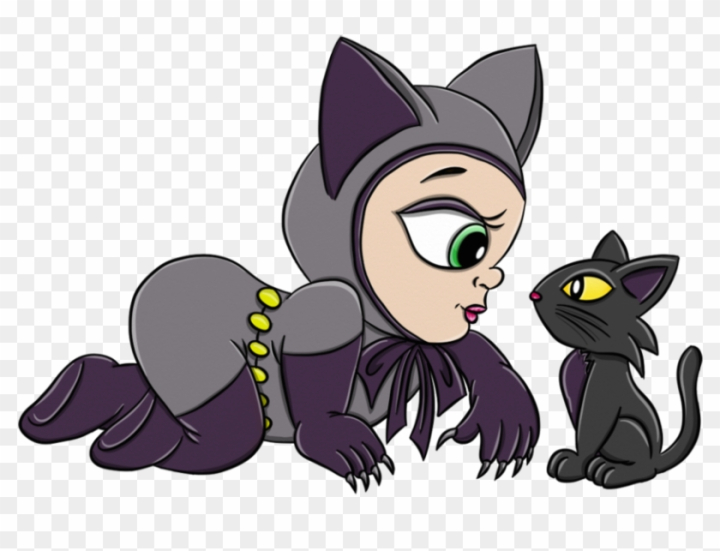 Chibi-style Catwoman in gray-purple suit lying beside a black cat with yellow eyes.