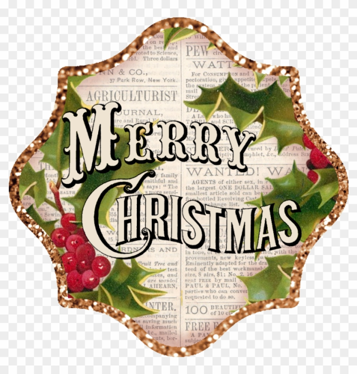 Vintage-style "Merry Christmas" greeting with holly, berries, and newspaper collage in a gold-trimmed ornate frame.