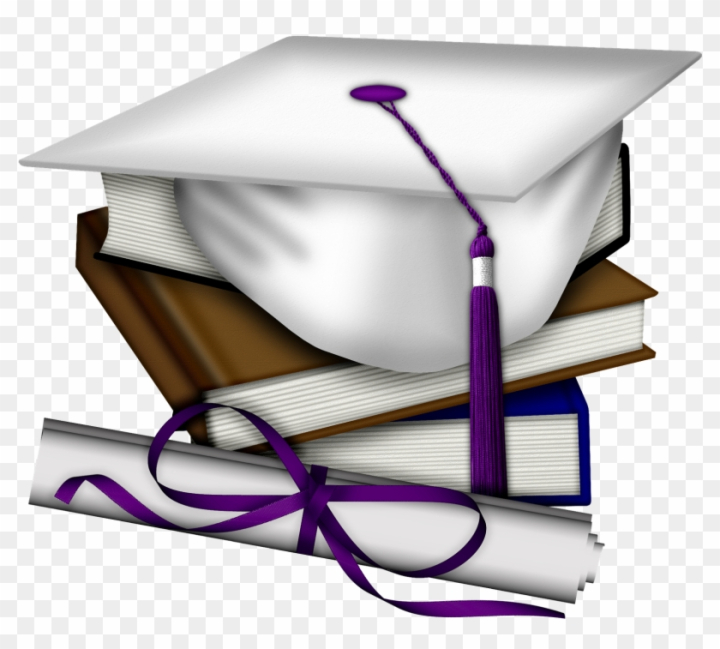 White graduation cap with purple tassel resting on stacked books and a rolled diploma tied with purple ribbon.
