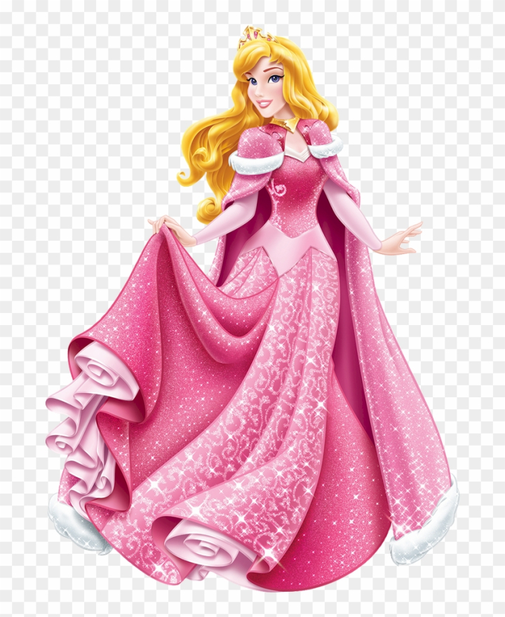 Disney Princess Aurora in a sparkling pink gown with gold crown and flowing blonde hair, posing gracefully.