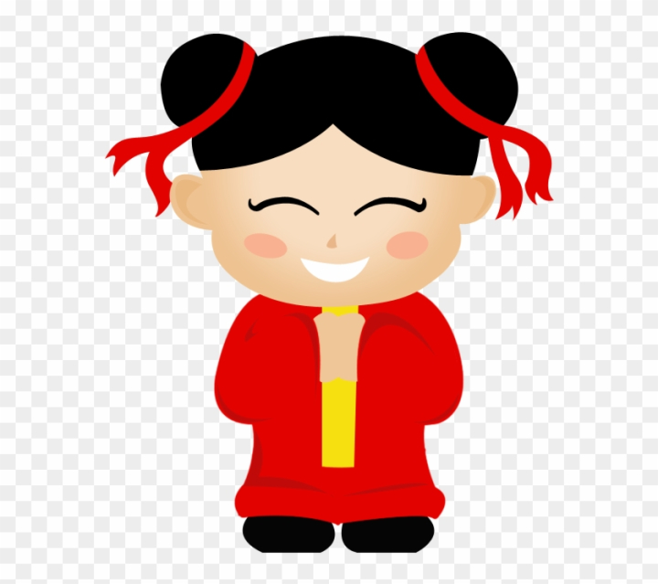 Smiling cartoon girl in red traditional Chinese outfit with twin buns and red ribbons, hands clasped in greeting.