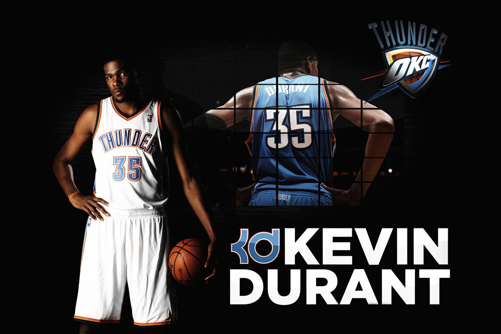 Kevin Durant in Oklahoma City Thunder white and blue jerseys, holding a basketball, with team logo and name overlay.