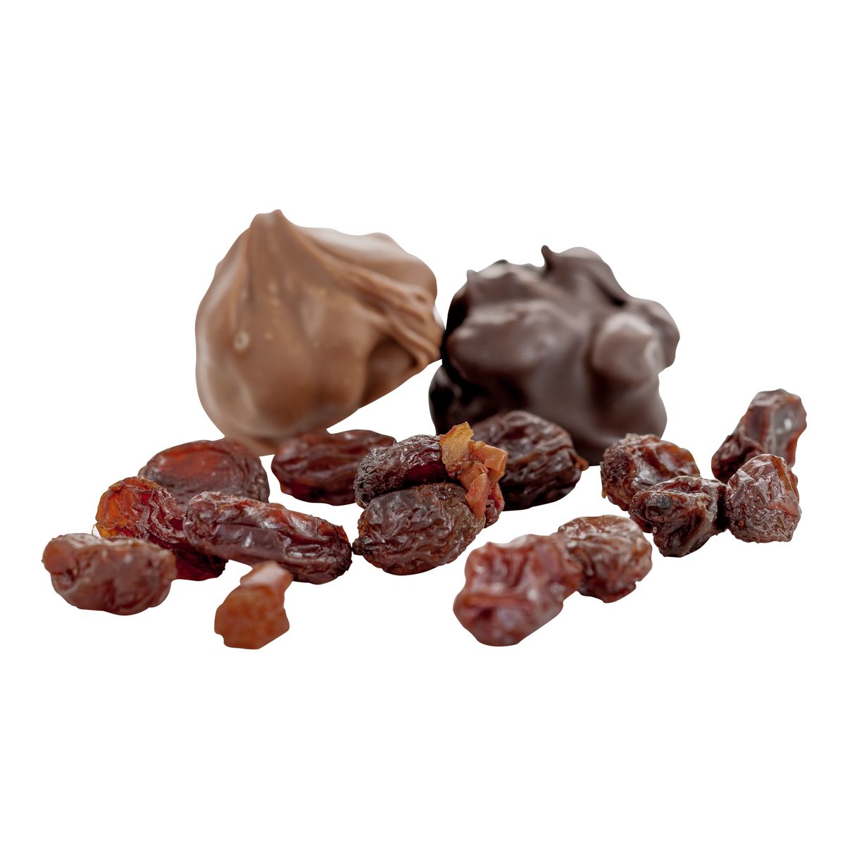 Milk and dark chocolate-covered raisins with loose dried raisins scattered on white background.