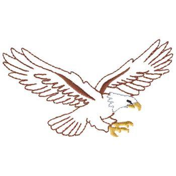 Embroidered bald eagle in flight with outstretched wings, detailed stitching in brown, white, and gold.