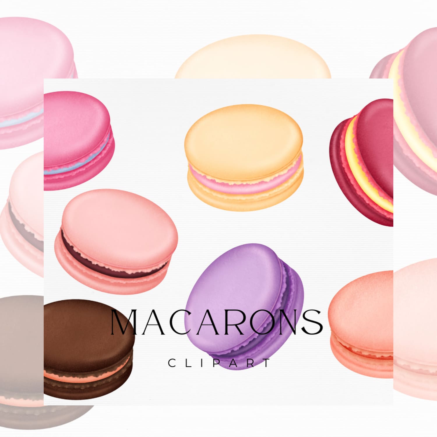 Colorful macaron clipart set with pastel and vibrant hues, ideal for baking and dessert designs.