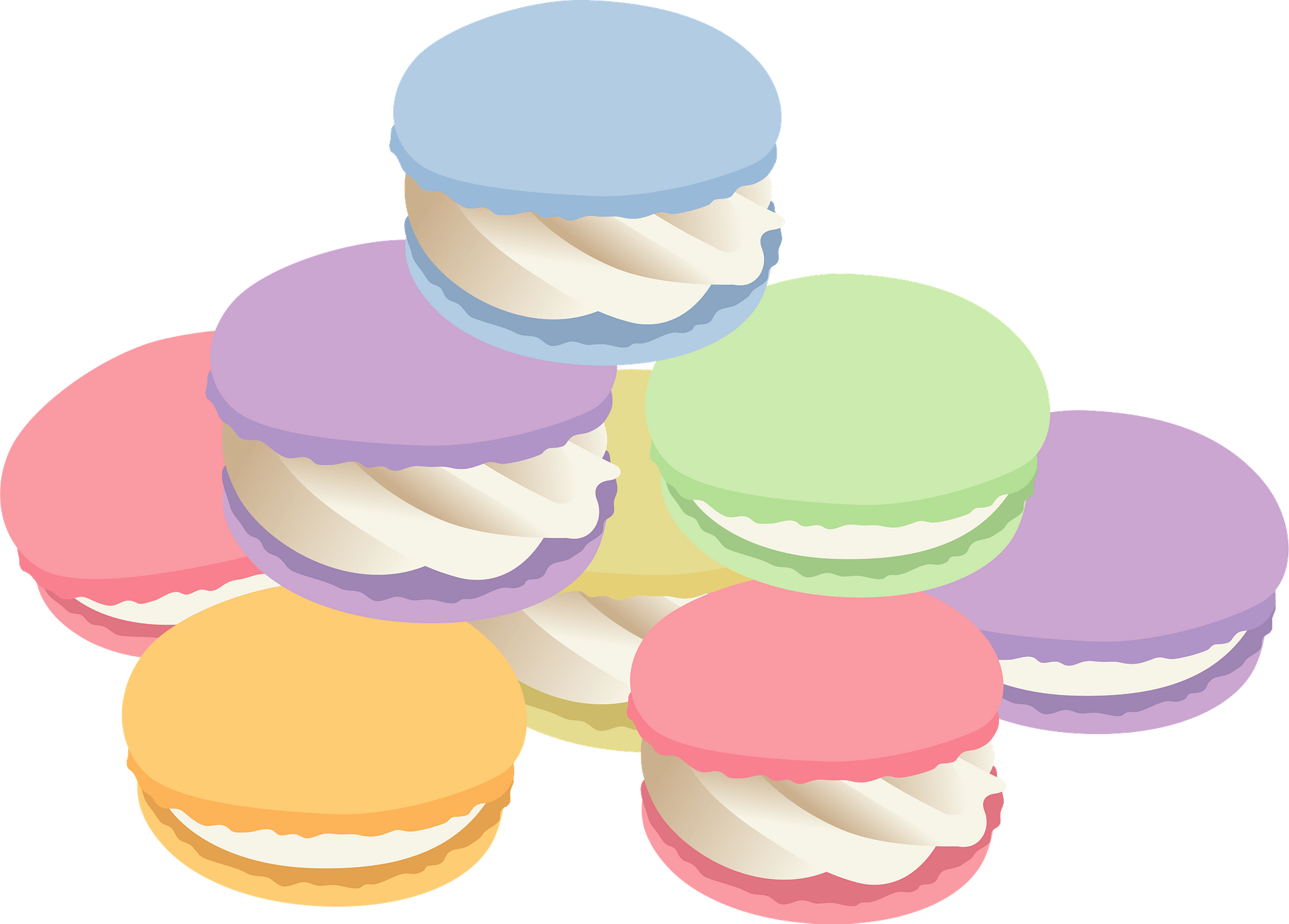 A colorful pile of pastel macarons in pink, purple, blue, green, and yellow with creamy filling.