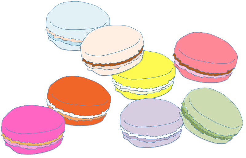 Colorful illustrated macarons in pink, orange, yellow, green, lavender, red, blue, and beige arranged on a gray background.
