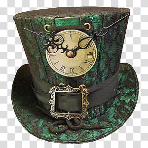 Steampunk-style green top hat with ornate clock face, gears, and brass buckle detailing.