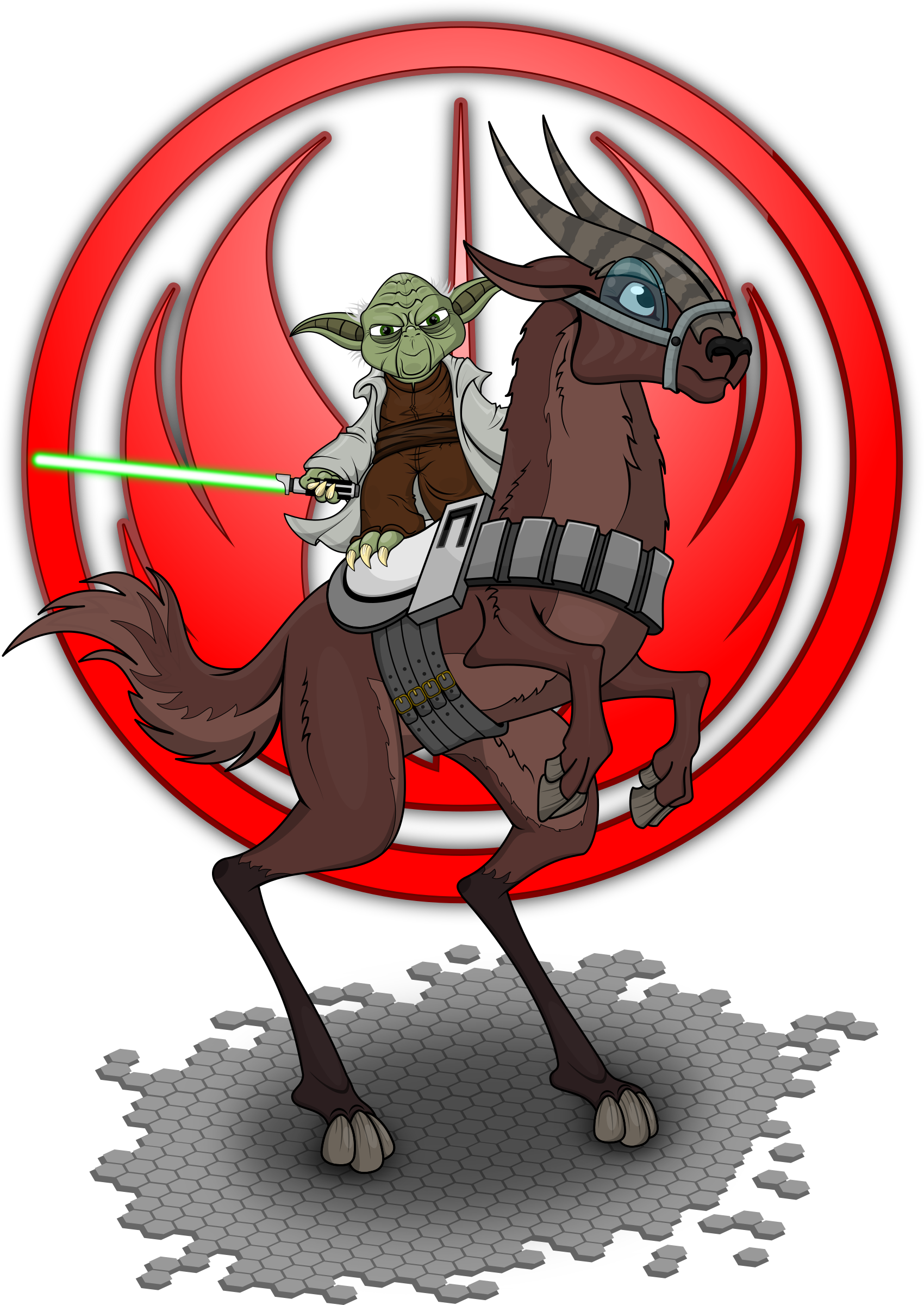 Yoda riding a bantha-like creature with green lightsaber, against red Sith symbol backdrop.