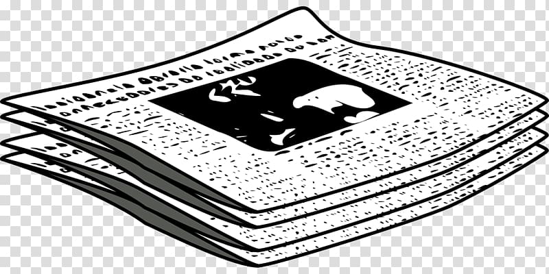 Stack of illustrated newspapers with bold headline and photo, rendered in black-and-white line art style.