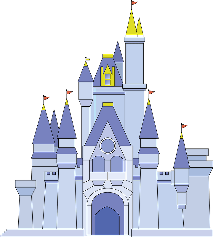 A stylized cartoon castle with blue spires, yellow accents, and red flags against a teal background.