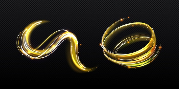 Glowing golden light trails forming elegant swirls and loops on transparent background.