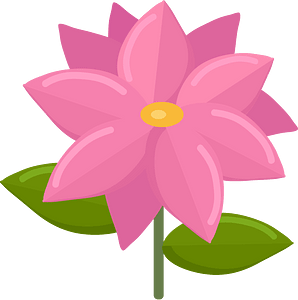 A stylized pink flower with eight petals, a yellow center, and two green leaves on a stem.