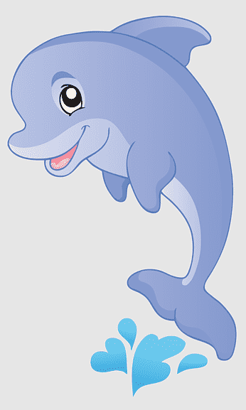 Smiling cartoon dolphin leaping with water splash, light blue color, friendly expression.