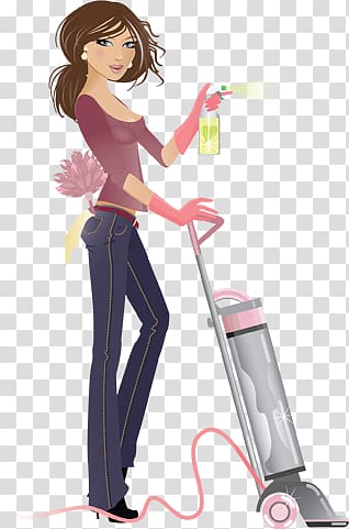 Woman in casual outfit vacuuming and spraying cleaner with pink gloves and accessories.