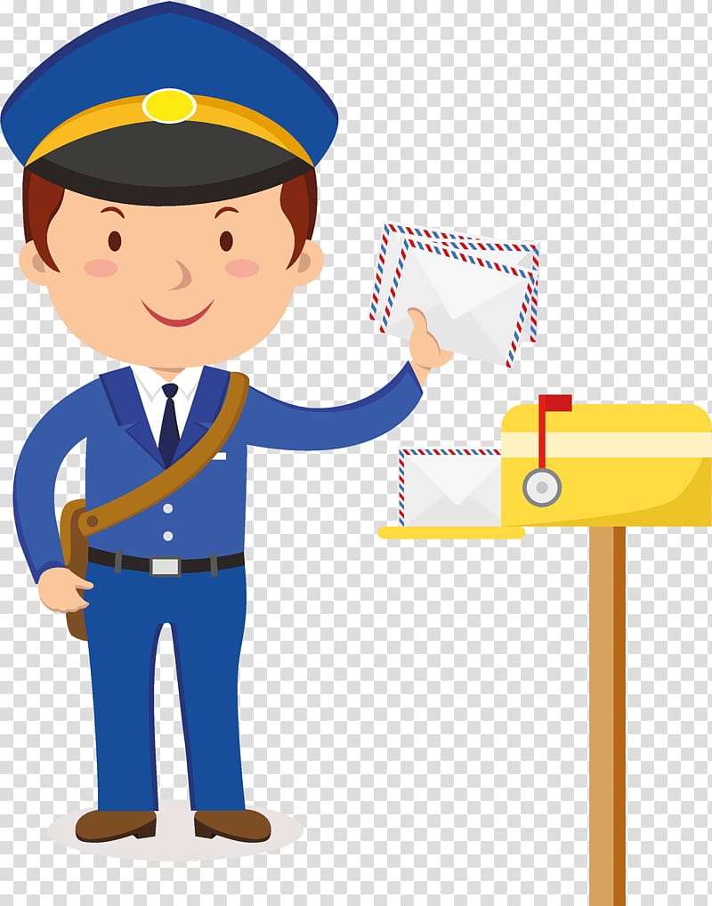 Smiling cartoon postman in blue uniform delivering mail to a yellow mailbox.