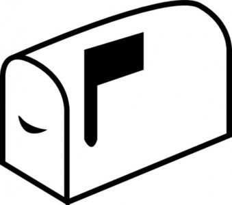 Simple black-and-white line drawing of a classic American-style mailbox with raised flag.
