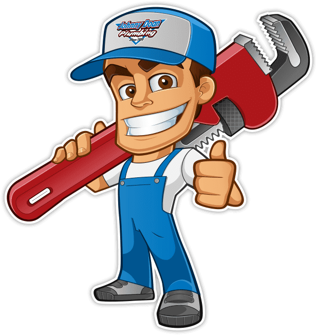 Smiling cartoon plumber in blue overalls and cap holding a red pipe wrench, giving a thumbs-up.