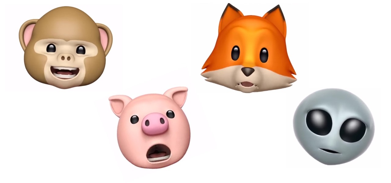 Four animated animal and alien emoji faces: monkey, fox, pig, and gray alien with large black eyes.