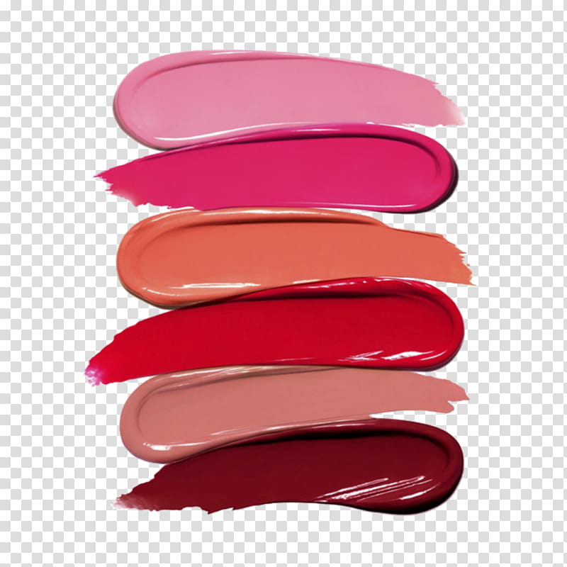 Six glossy lipstick swatches in pink, fuchsia, coral, red, nude, and deep burgundy on transparent background.