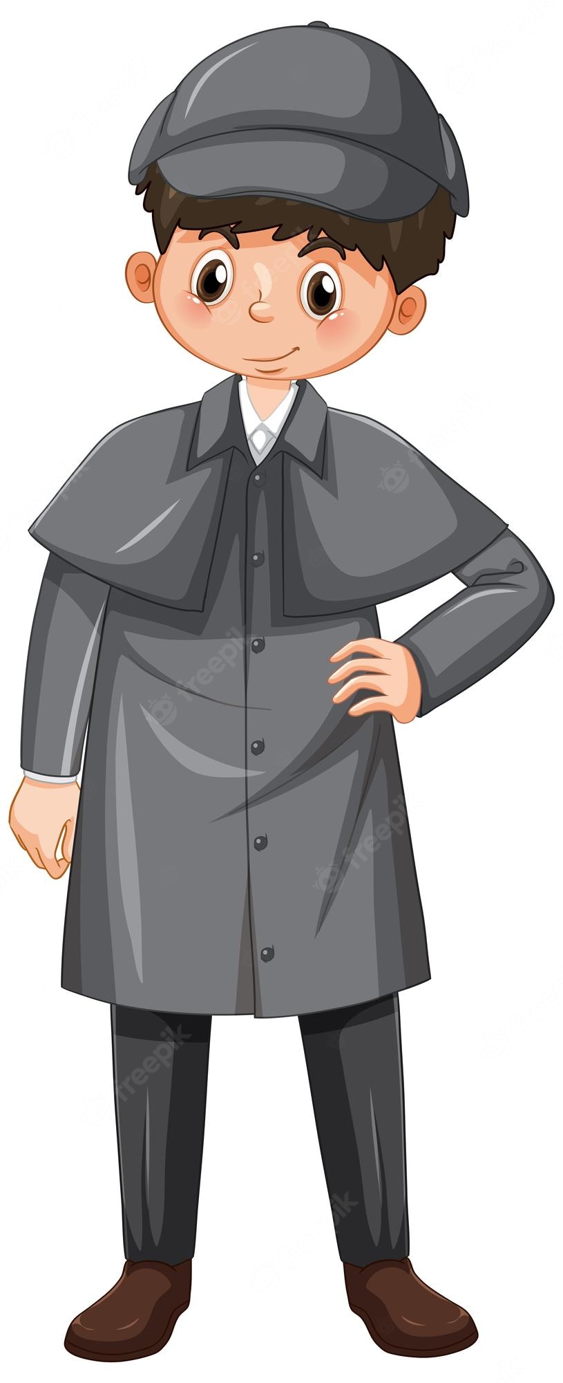 Cartoon boy in gray trench coat, cap, and brown shoes standing confidently with hand on hip.
