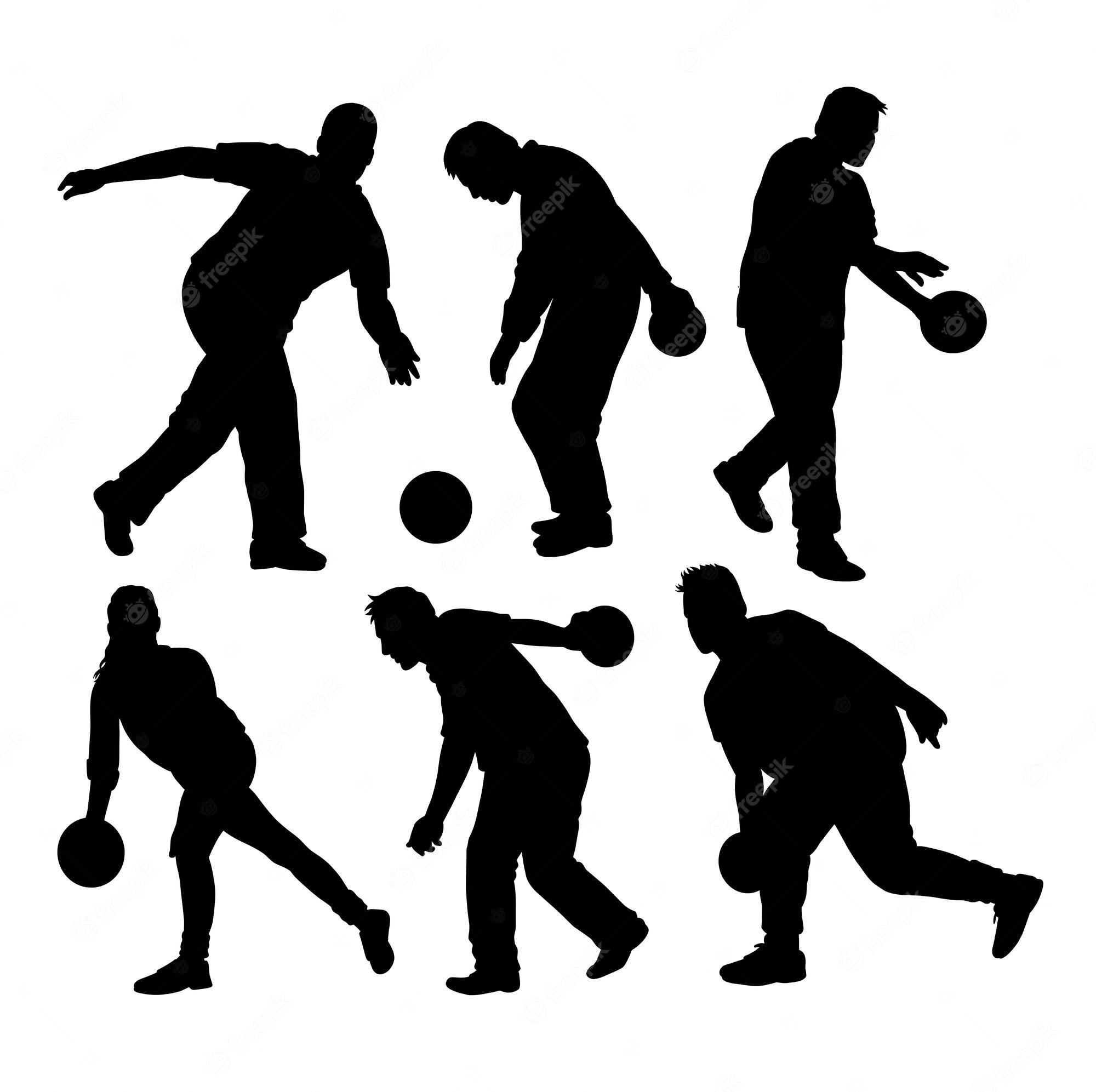 Six black silhouettes of people bowling in various dynamic poses against a white background.
