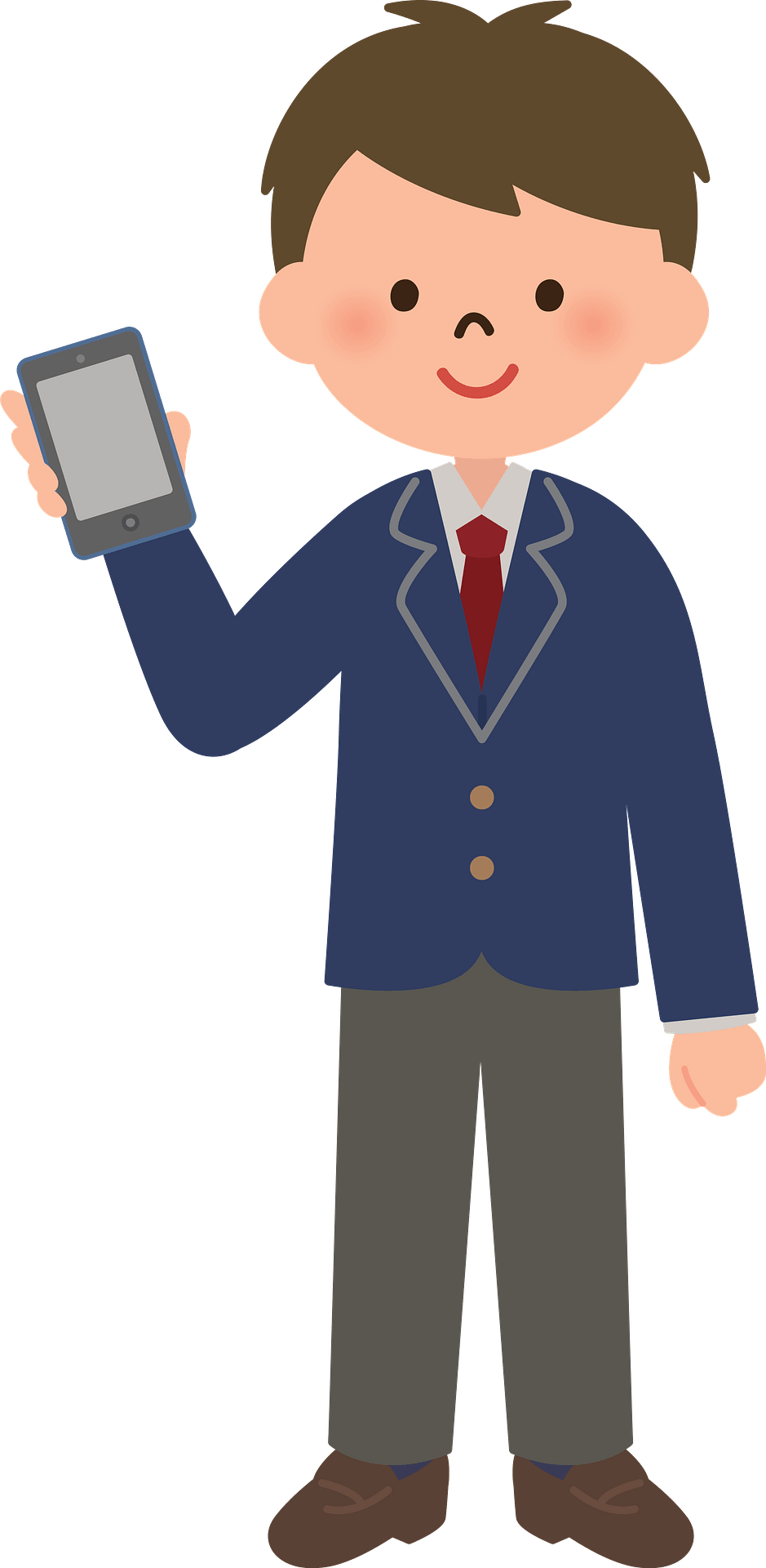 Smiling boy in school uniform holding up a smartphone, showing screen to viewer.