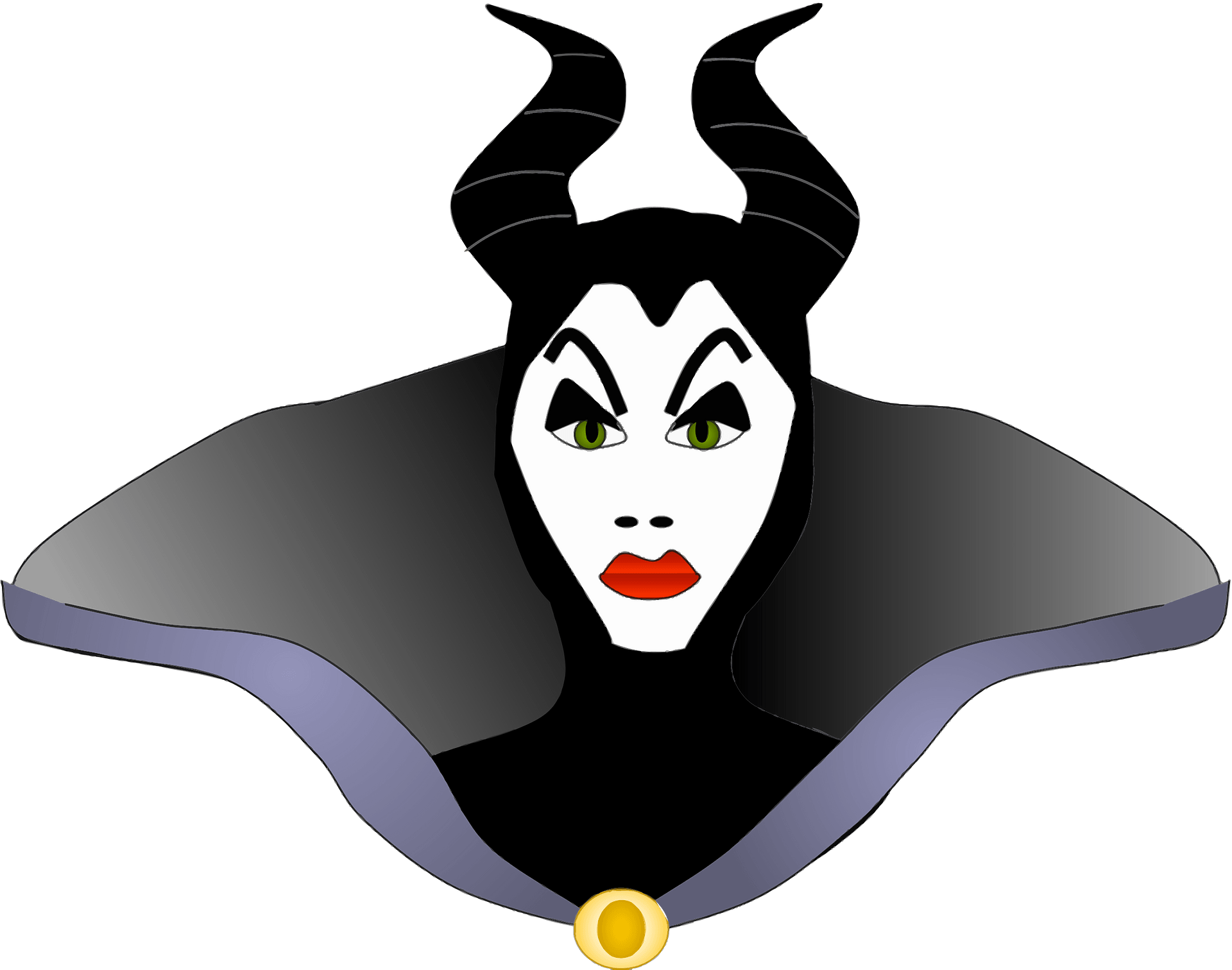 Maleficent with black horns, white face, green eyes, red lips, and a dramatic black-and-purple cape.