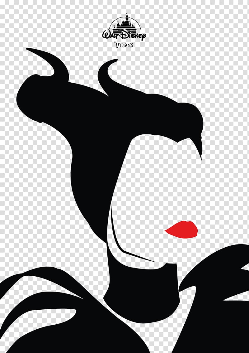Silhouette of Maleficent with iconic horns, sharp profile, and red lips; Disney Villains branding above.