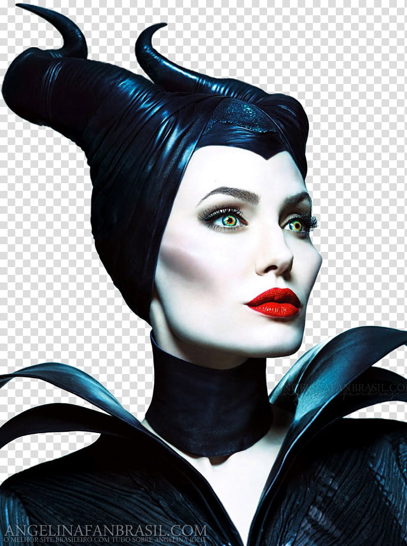 Angelina Jolie as Maleficent with iconic black horns, pale makeup, and red lips against transparent background.