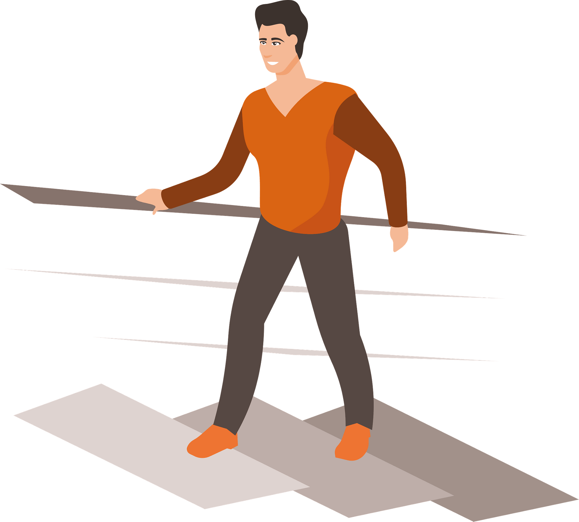 Man in orange shirt balancing on floating platforms with a pole, illustrating balance and focus.