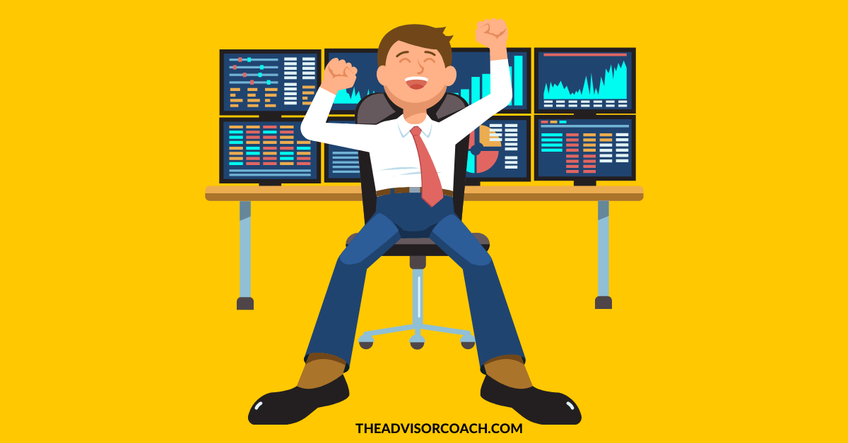 Excited financial advisor celebrating success at a multi-monitor trading desk.
