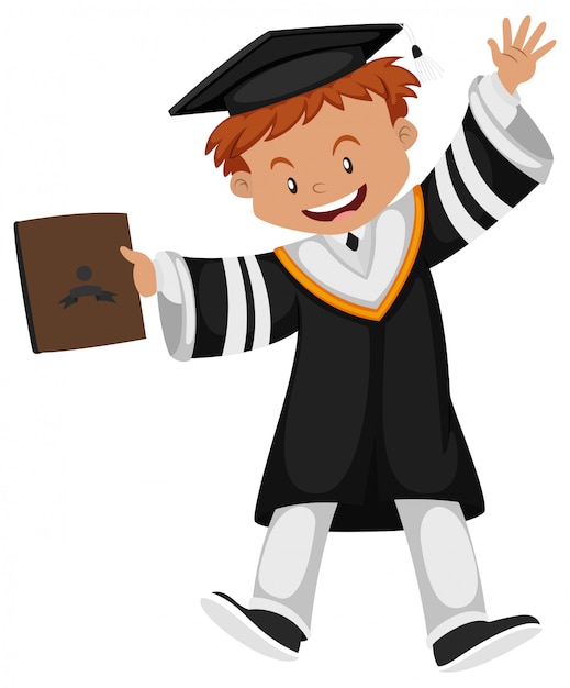Happy cartoon boy in graduation gown holding diploma and waving.