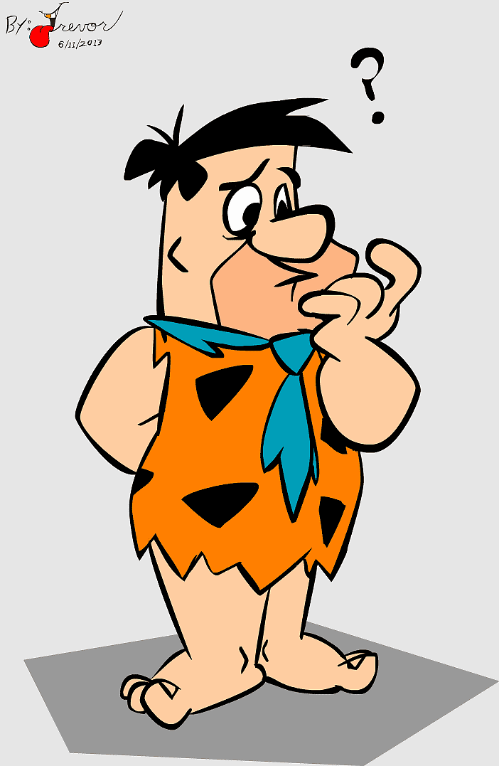 Fred Flintstone in classic orange tunic and blue tie, scratching his chin with a puzzled expression and a question mark above his head.