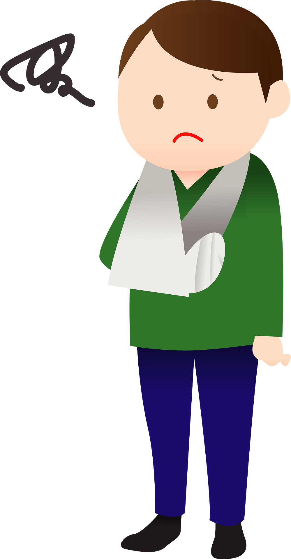 A cartoon boy with a sad expression wearing a green shirt and a white arm sling, indicating an injured arm.