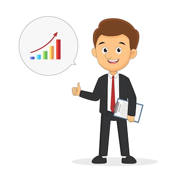 Businessman in suit giving thumbs-up with growth chart speech bubble.