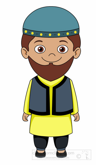 Cartoon illustration of a smiling Muslim boy wearing a teal kufi, yellow kurta, gray vest, and black trousers.