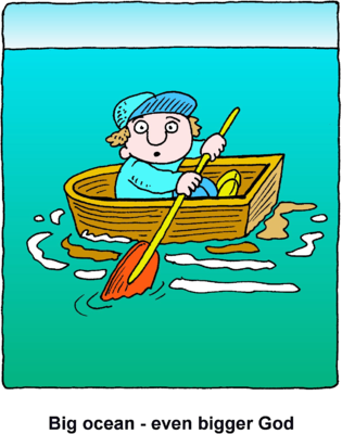 A cartoon boy in a wooden rowboat, wearing a blue hat and sweater, paddling with an orange oar on teal water.