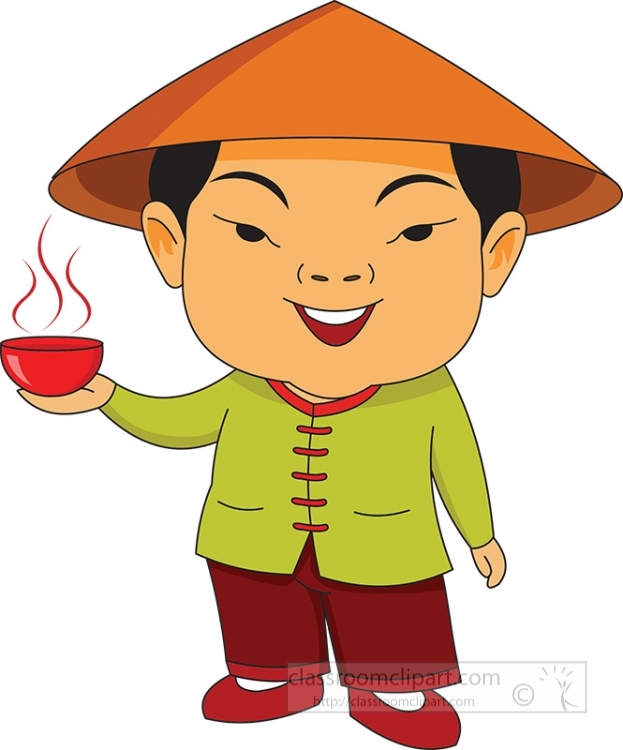 Smiling cartoon boy in conical hat holding steaming red tea cup, wearing green tunic and red pants.
